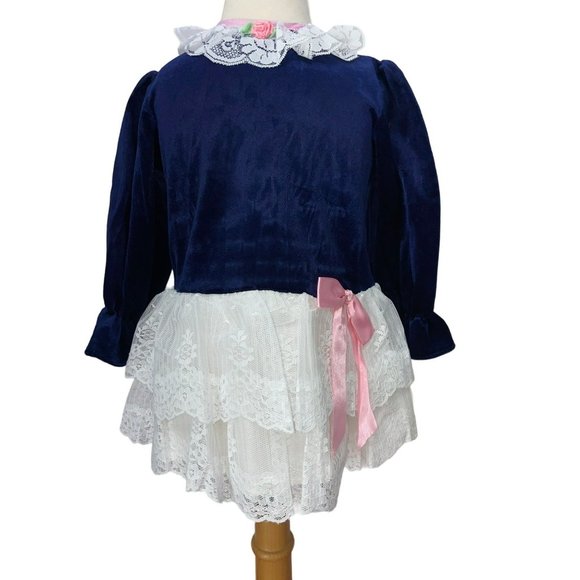 Allison Ann Blue Velvet White Lace Pink Bow Long Sleeves Size 2T Girls Dress Vin - Picture 1 of 11